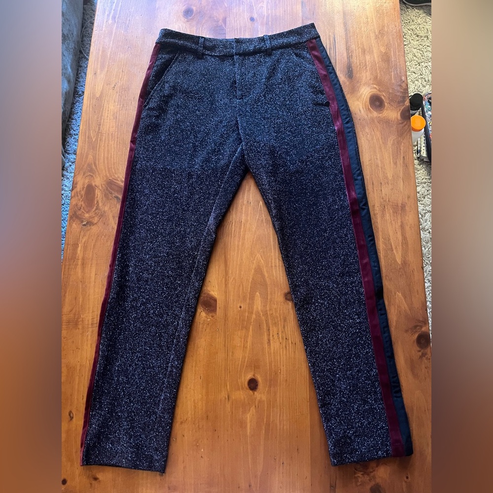 NWT Scotch & Soda Maison Black Red Wine Side Stripe Metallic Glitter Pant Size S